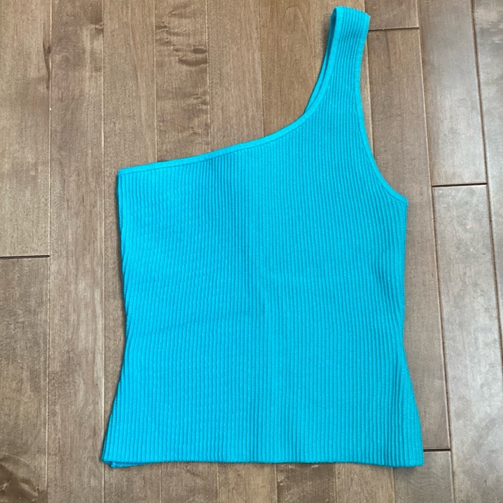 One-Shoulder Ribbed Top in Blue Aritzia